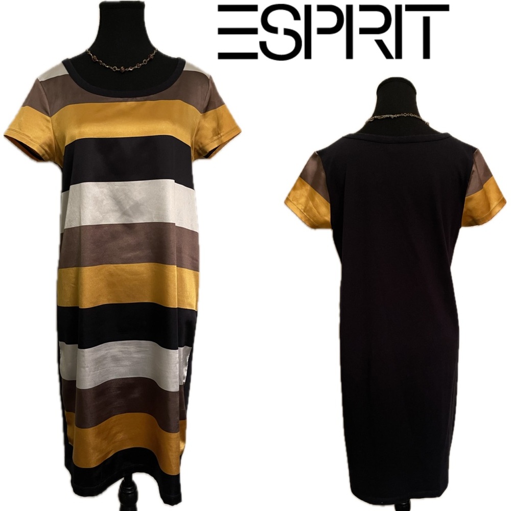 Esprit Satin Short Sleeve Sheath Kotelomekko Dress Black Gold Brn Cream Stripe M
